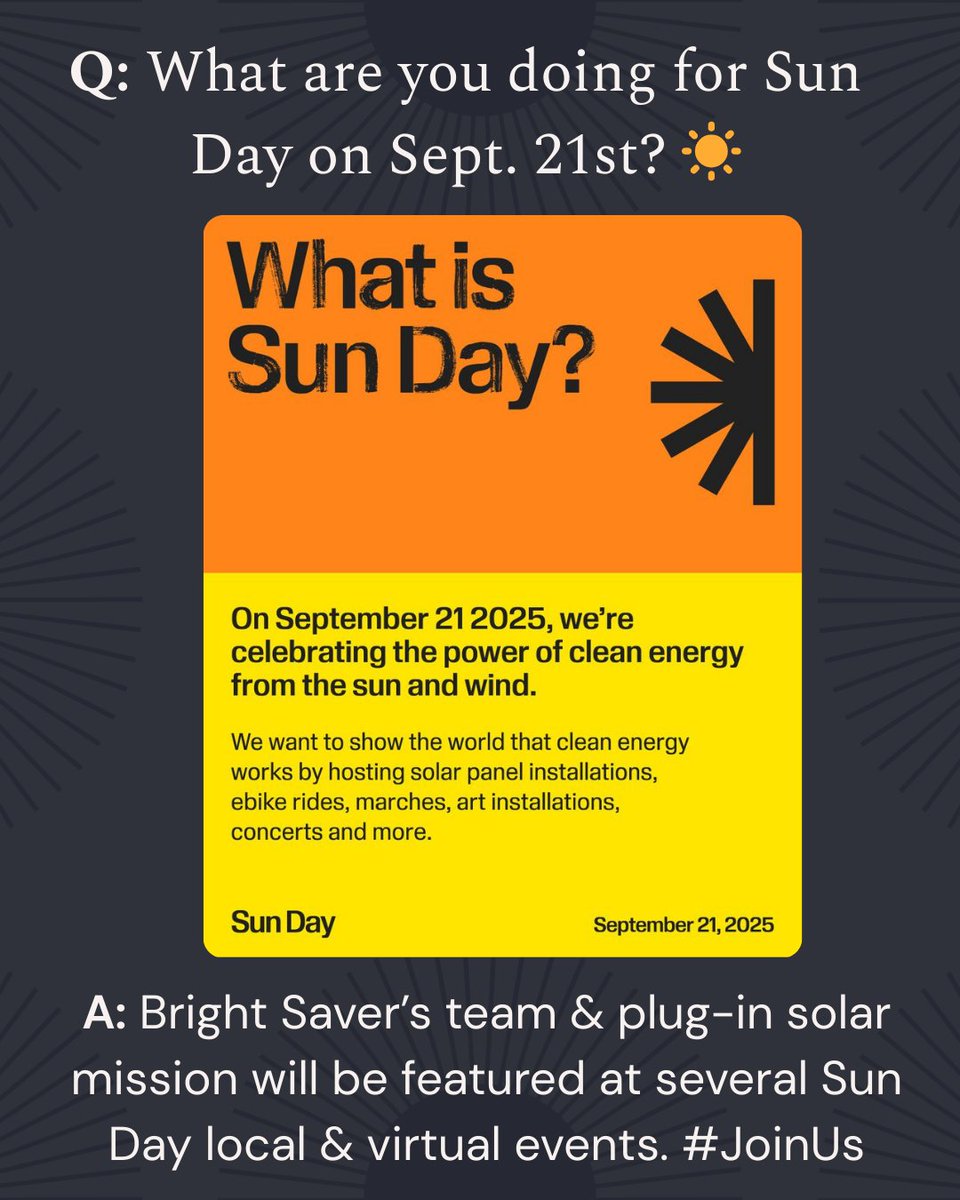 Every day is Sun Day for the Bright Saver team! We're excited to join the incredible coalition for the upcoming Sun Day of Action to rise up for a sun-powered, clean-energy planet☀️More details coming soon. Find a Sun Day event near you at: Sunday.earth/events