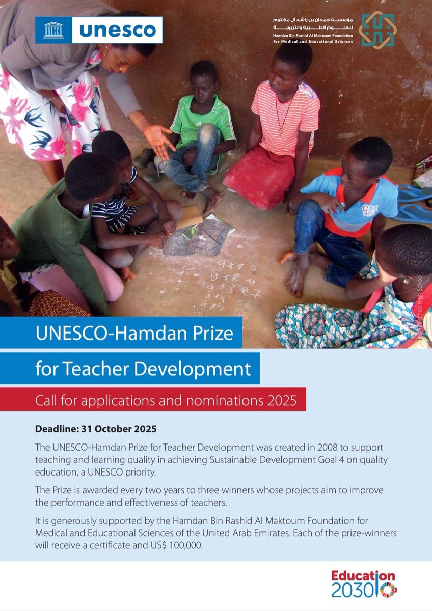 Tamam Project (@tamamproject) on Twitter photo The call for nominations for the <a href="/UNESCO/">UNESCO 🏛️ #Education #Sciences #Culture 🇺🇳</a> -Hamdan Prize for Teacher Development 2025-2026 is now open. For details: unesco.org/en/prize/teach…
🎉 We are especially proud that TAMAM was selected as a Laureate of the Prize’s seventh edition (2021–2022).
<a href="/FoundationHBR/">مؤسسة حمدان بن راشد آل مكتوم</a>
#unesco The call for nominations for the <a href="/UNESCO/">UNESCO 🏛️ #Education #Sciences #Culture 🇺🇳</a> -Hamdan Prize for Teacher Development 2025-2026 is now open. For details: unesco.org/en/prize/teach…
🎉 We are especially proud that TAMAM was selected as a Laureate of the Prize’s seventh edition (2021–2022).
<a href="/FoundationHBR/">مؤسسة حمدان بن راشد آل مكتوم</a>
#unesco