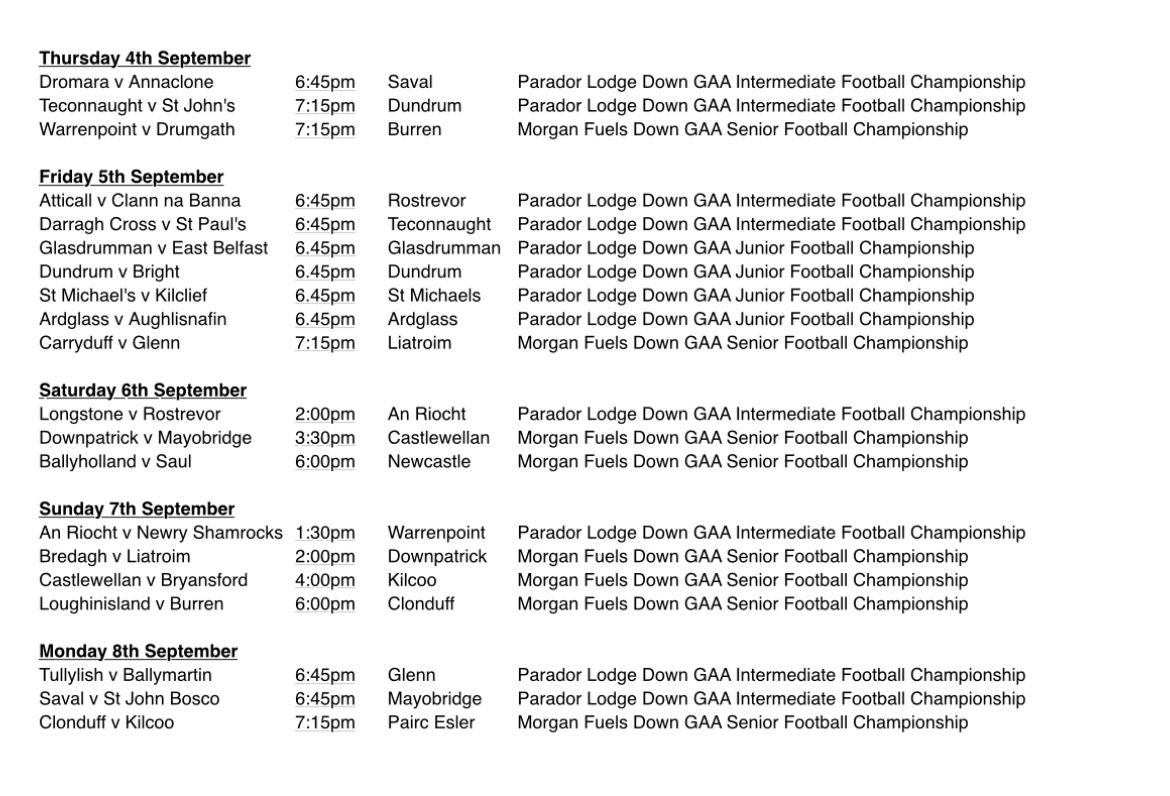 Fixtures for Round 2 of the Morgan Fuels Senior Football Championship &amp; Parador Lodge Intermediate Football Championship and Round 3 of the Parador Lodge Junior Football Championship.