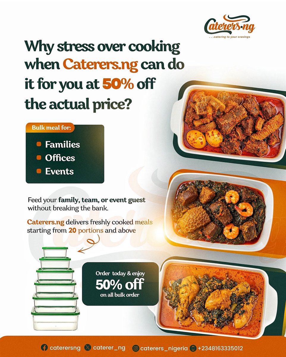 caterer_ng's tweet photo. Why stress over cooking when https://t.co/CIISBWgMRd can do it for you at 50% off? 

- Save time
- Save money
- Enjoy stress-free catering

Order today and enjoy 50% OFF all bulk orders.
📲 Call/WhatsApp: +2348163335012 or visit us at https://t.co/CIISBWgMRd

#CaterersNg #Bulk https://t.co/PEs0gDBafT