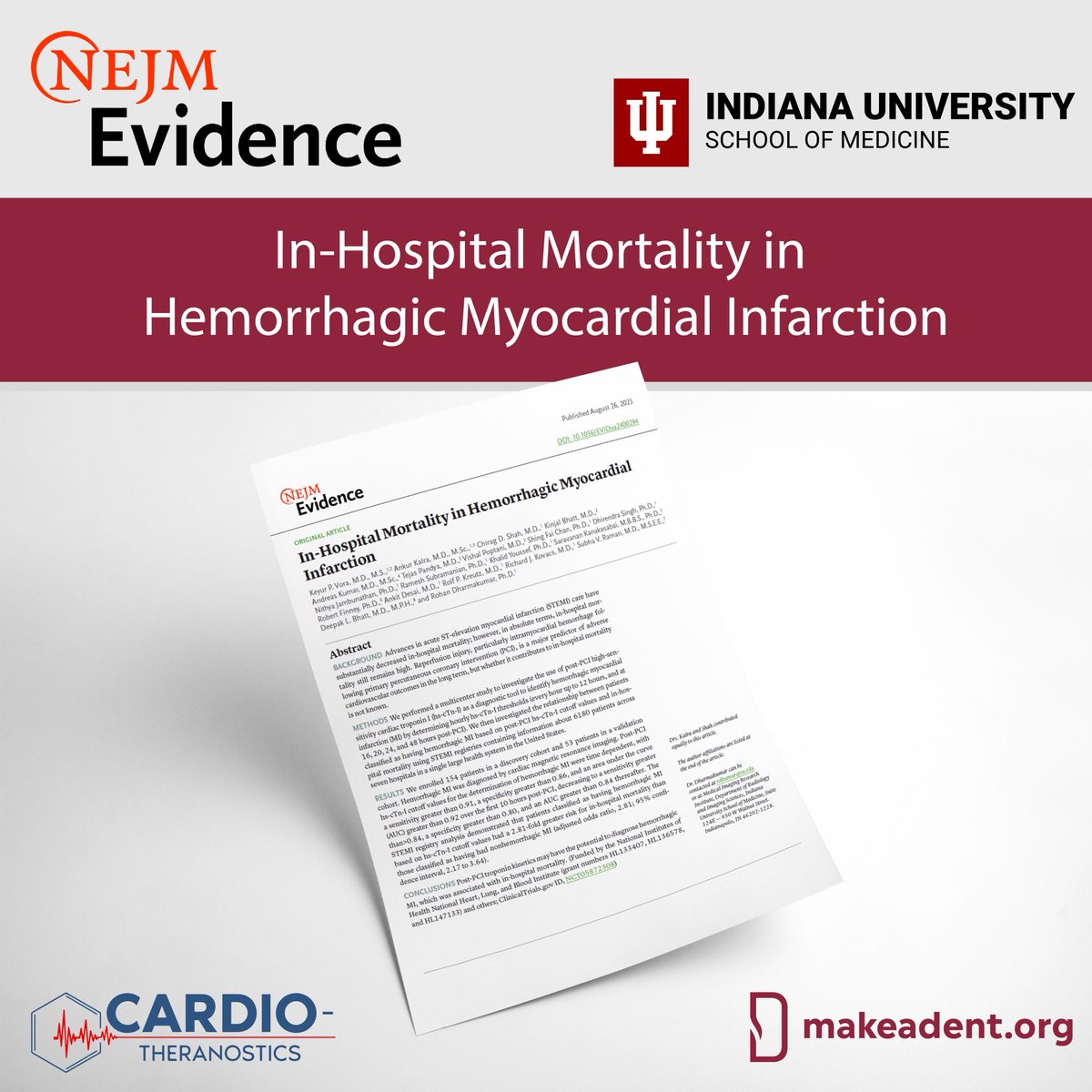 AnkurKalraMD's tweet image. In a first, we demonstrate the ability of post-PCI high-sensitivity #troponin to reliably diagnose hemorrhagic myocardial infarction (MI). We then demonstrate a 2.81-fold greater risk for in-hospital mortality in hemorrhagic MI. Our findings are now published in @NEJMEvidence.…