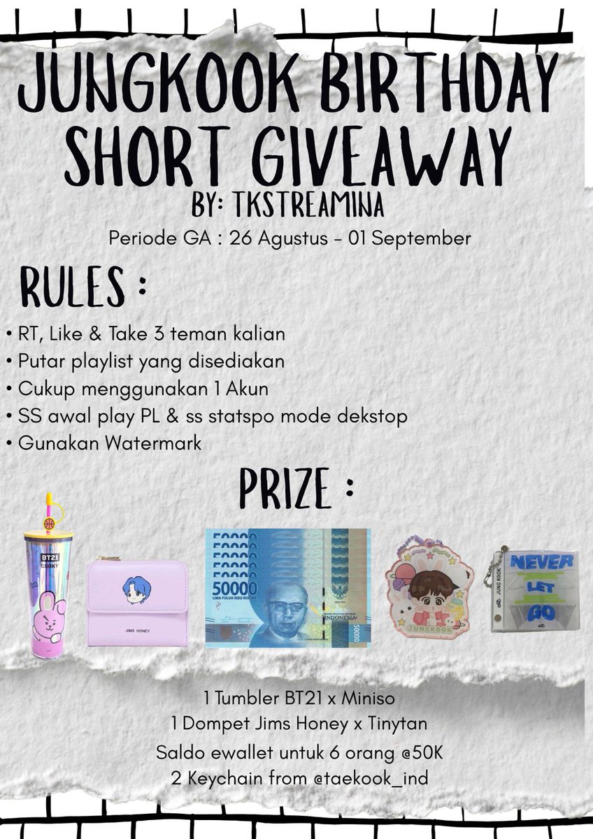 tkstreamina's tweet image. ❤︎ 𝐉𝐮𝐧𝐠𝐤𝐨𝐨𝐤’𝐬 𝐁'𝐝𝐚𝐲 𝐆𝐢𝐯𝐞𝐚𝐰𝐚𝐲 ✨
      by @tkstreamina x @taekook_IDN

📆 : 27 Agustus - 01 September

🔗 Playlist : open.spotify.com/playlist/7iP2f…

Selengkapnya silakan cek pic dibawah 👇🏻
