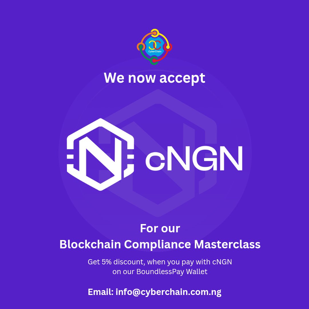 Dee ποΈ (@wuyepsonjnr) on Twitter photo cNGN Is Not Just a Stablecoin, Itβs a Movement
Africaβs leading Web3 hub, <a href="/cyberchain_ng/">Cyberchain</a>, now accepts cNGN <a href="/cngn_co/">cNGN Stablecoin</a> for its Compliance Masterclass, and theyβre giving 5% off when you pay with $cNGN via <a href="/boundlesspay/">Boundlesspay</a>. Thatβs not just a discount, itβs a signal of more adoption. cNGN Is Not Just a Stablecoin, Itβs a Movement
Africaβs leading Web3 hub, <a href="/cyberchain_ng/">Cyberchain</a>, now accepts cNGN <a href="/cngn_co/">cNGN Stablecoin</a> for its Compliance Masterclass, and theyβre giving 5% off when you pay with $cNGN via <a href="/boundlesspay/">Boundlesspay</a>. Thatβs not just a discount, itβs a signal of more adoption.