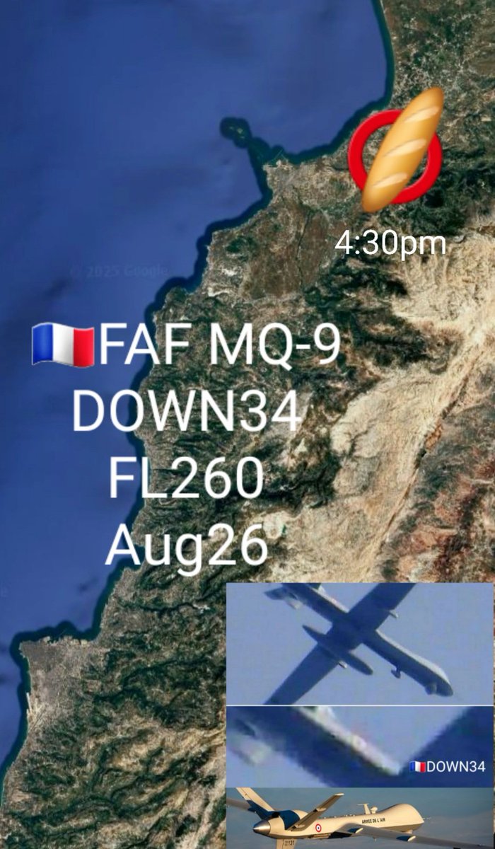 LebanonJets's tweet photo. 4:30pm position update up north around Tripoli for #DOWN34 French Air Force MQ-9 FL260 (26,000ft) https://t.co/kKdfy0aKWb