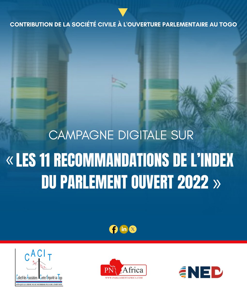 Au🇹🇬, la notion de parlement ouvert fait appel aux OSC. Avec le partenaire PNAfrica, le CACIT initie une campagne digitale avec les jeunes afin de vulgariser les 11 recommandations 2022 de l’index du parlement ouvert à l’endroit de l’Etat togolais. Restez connectés🙂.