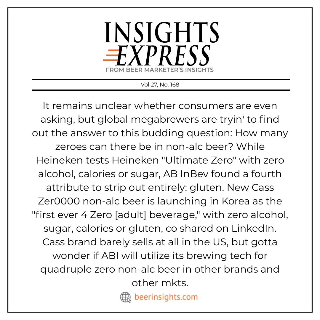 "ABI Launches "First Ever 4 Zero" Non-Alc Beer, Cass Zer0000, in Korea; No Alc, Sugar, Cals or Gluten." Read the full details: beerinsights.com/archive-articl…