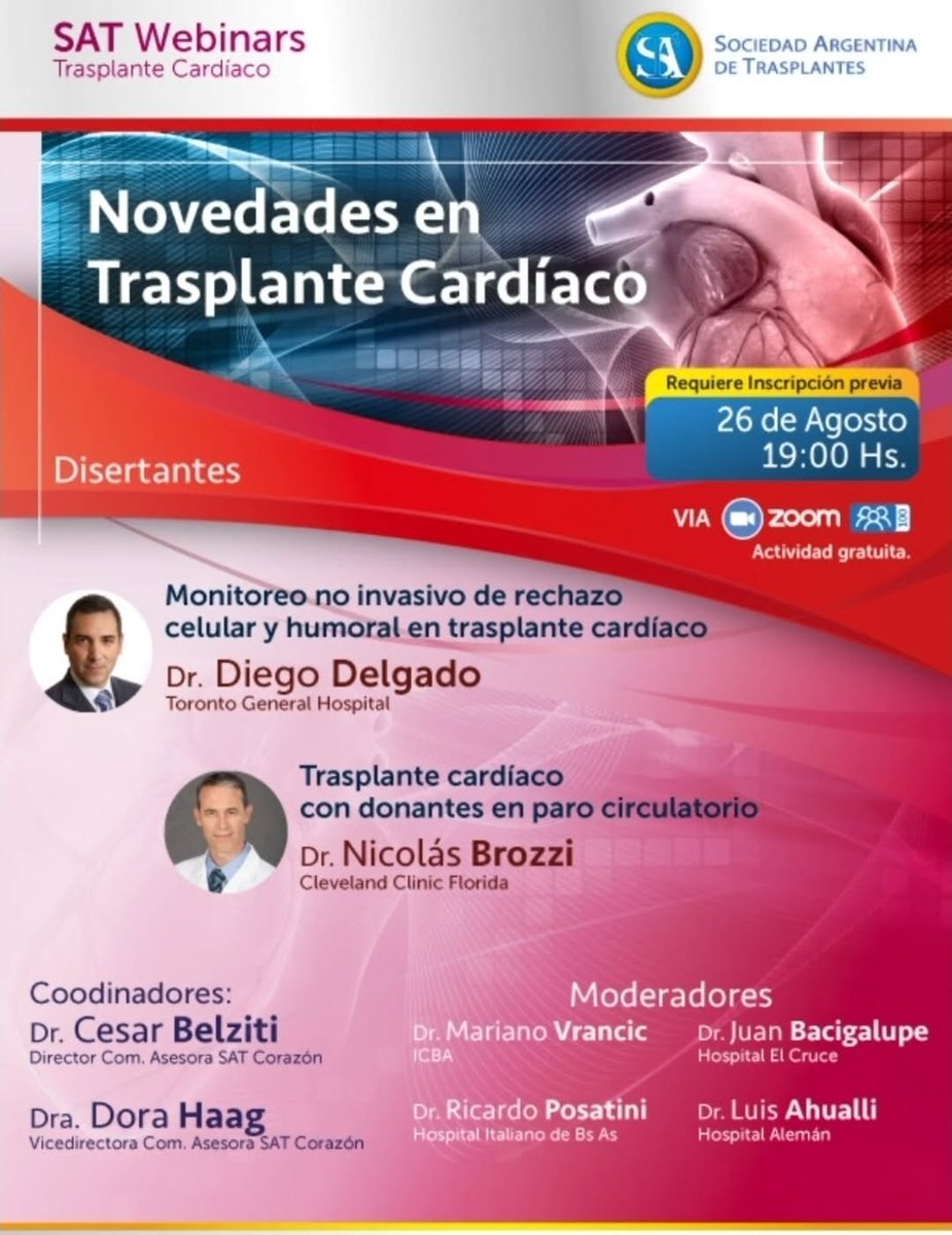 La <a href="/satxarg/">SAT</a> invita a participar del webinar " Novedades en Trasplante Cardíaco" el Martes 26 de Agosto a las 19 hs. 

Para inscribirse:
cognitoforms.com/SociedadArgent…

Los esperamos!