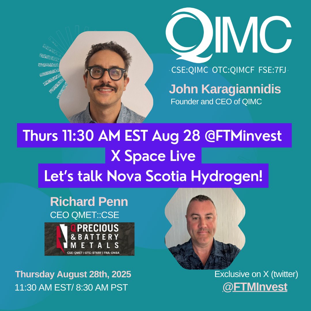 $QIMC CEO John Karagiannidis and $QMET CEO Richard Penn to talk about the Major #Hydrogen discovery in Nova Scotia on <a href="/FTMInvest/">Follow The Money Investor Group</a>.  Tune in Thursday 11:30AM EST #staytuned
