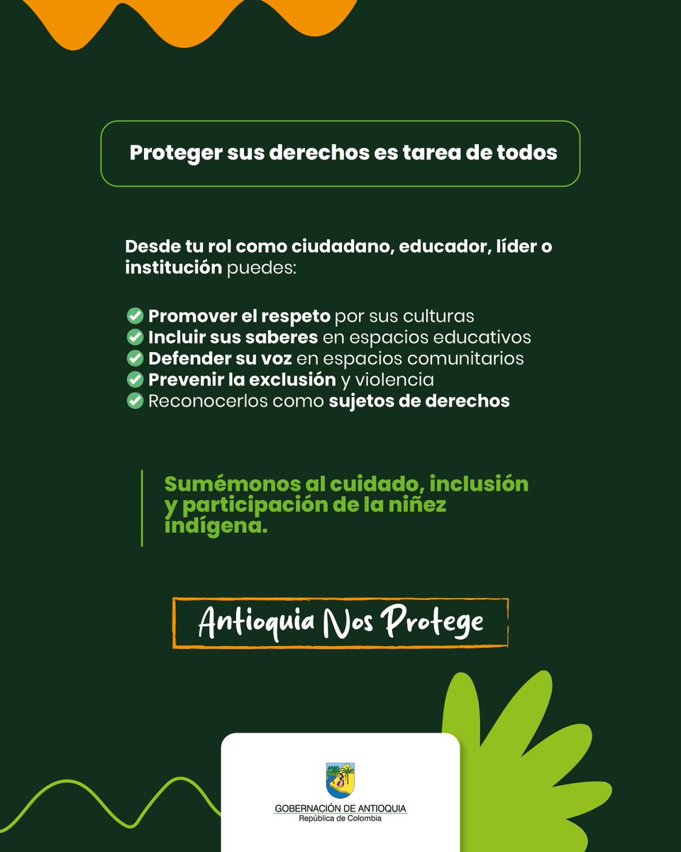 Los niños, niñas y adolescentes indígenas son semillas de supervivencia y del porvenir de la identidad y cultura indígenas. Agosto 26, Día Nacional de la Niñez y Adolescencia Indígena Colombiana. #antioquianosprotege
<a href="/GobAntioquia/">Gobernación de Antioquia</a>
