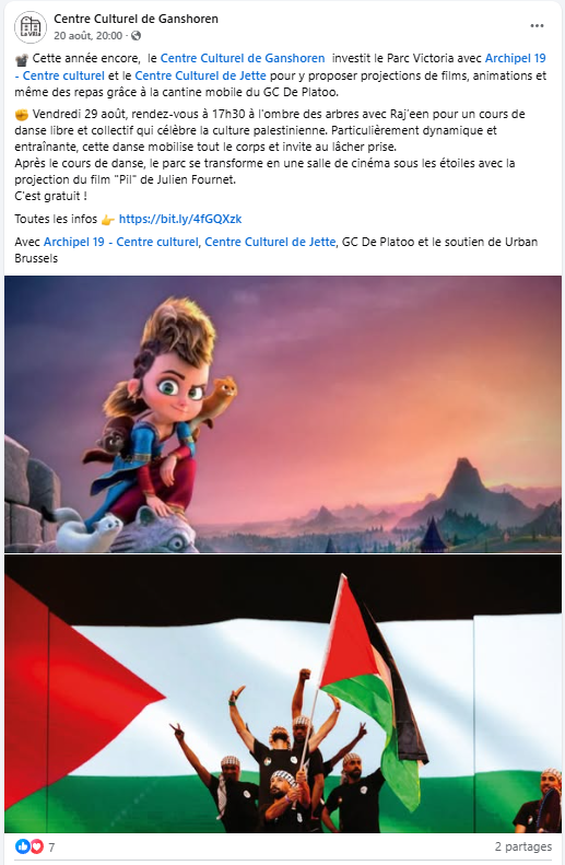 Au programme du Centre Culturel de Ganshoren, dirigé par Stefan Dooreman (ex-Ecolo Jette) : Des danses Palestiniennes.

Y verra-t-on, comme à Evere il y a quelques semaines, des enfants agiter des fusils factices pour bien s'imprégner des coutumes du Hamas à Gaza  ?