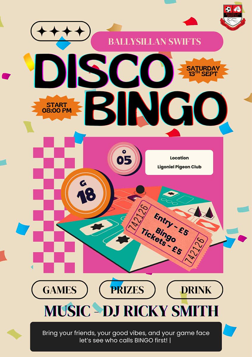 BSwifts's tweet image. 🕺🪩💃DISCO BINGO💃🪩🕺

The Clubs first do of the new season will be taking place on Saturday 13th September, with the return of the popular Disco Bingo, with music provided by our old friend DJ RICKY SMITH 🫡 

🔴⚫️🔴⚫️🔴

#COYS