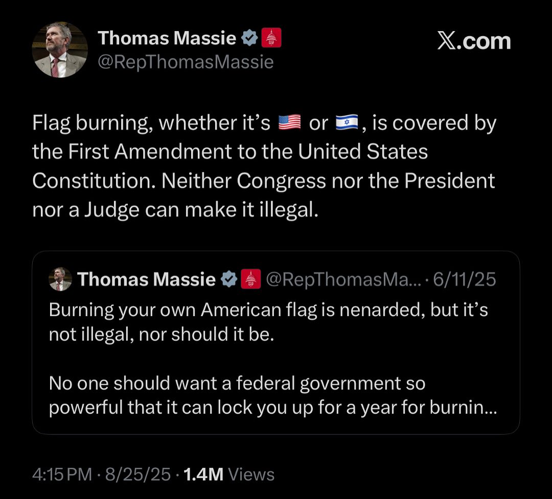 Karl K. Wuckert (@kkwuckert) on Twitter photo Burning the American flag is stupid, but the flag means nothing if liberty dies.
Stand with <a href="/RepThomasMassie/">Thomas Massie</a> Burning the American flag is stupid, but the flag means nothing if liberty dies.
Stand with <a href="/RepThomasMassie/">Thomas Massie</a>