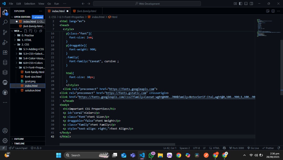 rasak_code's tweet image. ✨ Today I covered Font Properties in CSS
➡️ Font Size
➡️ Font Weight
➡️ Font Family
➡️ Text Alignment
It’s amazing how these small tweaks can completely change the look of a webpage! 🚀
#CSS #FontProperties #WebDevelopment #Frontend #LearnToCode #CodeNewbie