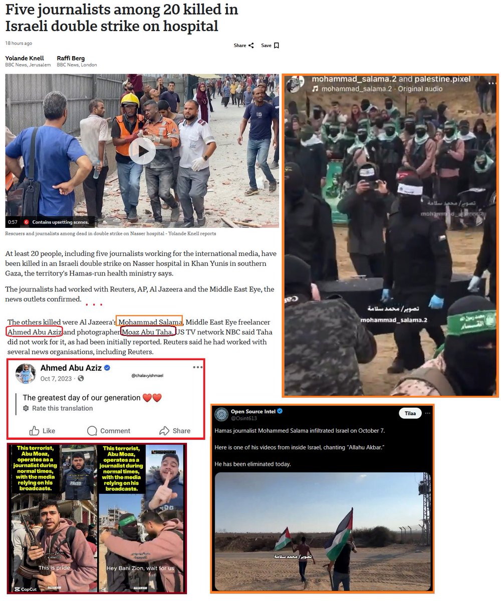 "Viisi journalistia kuolleen 20 joukossa Israelin sairaalaan kohdistuneen tuplaiskun jälkeen", uutisoi BBC.

"Journalistien" joukkoon BBC laskee Ahmed Abu Azisin, joka kuvasi 7. lokakuuta "sukupolvemme hienoimmaksi päiväksi"; Moaz Abu Taha, joka videolla poseeraa aseen kanssa