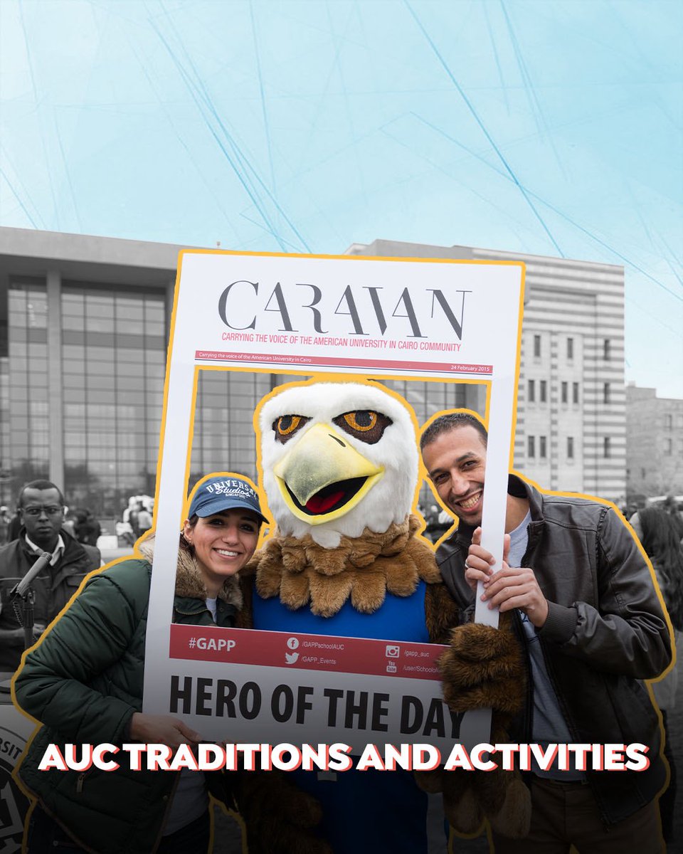 AUC's tweet image. Student life here at AUC is more than just classes; join a club (or three), cheer for the Eagles, soak in campus sunsets, and celebrate milestones in our biannual Cap N Gown. #AUCDriven