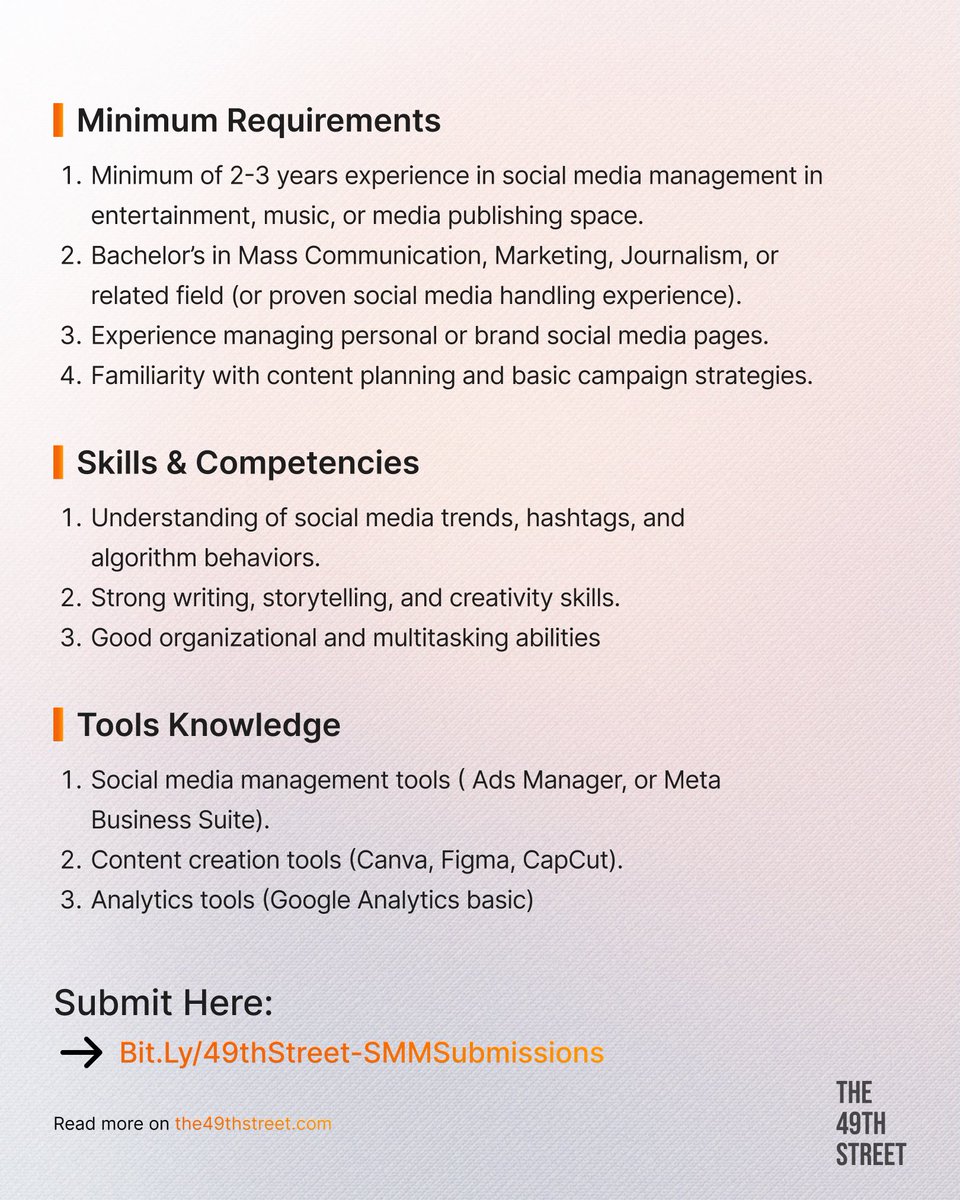 🚨 We are hiring!

We’re looking for a Social Media Manager to join our team. 

Do you have what it takes? Apply here ⬇️

🔗: bit.ly/49thStreet-SMM…