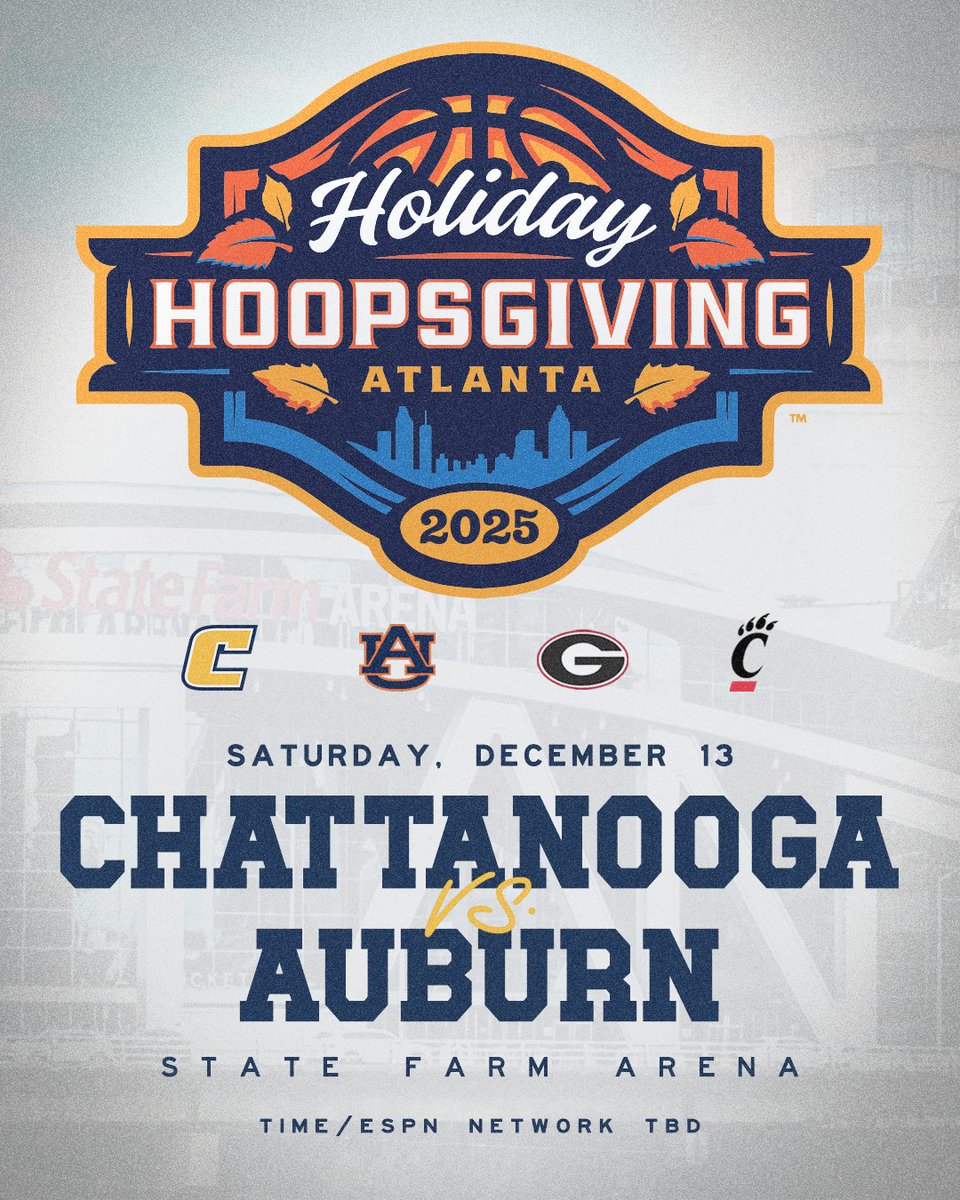 Chattanooga Basketball (@gomocsmbb) on Twitter photo ππ¨ππ₯ππ§ππ π’π§ πππππ¦πππ« π₯
π 2025 <a href="/HHoopsgiving/">Holiday Hoopsgiving</a> Neutral Site Showcase
ποΈ Saturday, Dec. 13 (time TBD)
ποΈ <a href="/StateFarmArena/">State Farm Arena</a> β’ Atlanta, Ga.
π Auburn
πΊ ESPN Network (TBD)
π gomocs.com/news/2025/8/26β¦
#GoMocs ππ¨ππ₯ππ§ππ π’π§ πππππ¦πππ« π₯
π 2025 <a href="/HHoopsgiving/">Holiday Hoopsgiving</a> Neutral Site Showcase
ποΈ Saturday, Dec. 13 (time TBD)
ποΈ <a href="/StateFarmArena/">State Farm Arena</a> β’ Atlanta, Ga.
π Auburn
πΊ ESPN Network (TBD)
π gomocs.com/news/2025/8/26β¦
#GoMocs