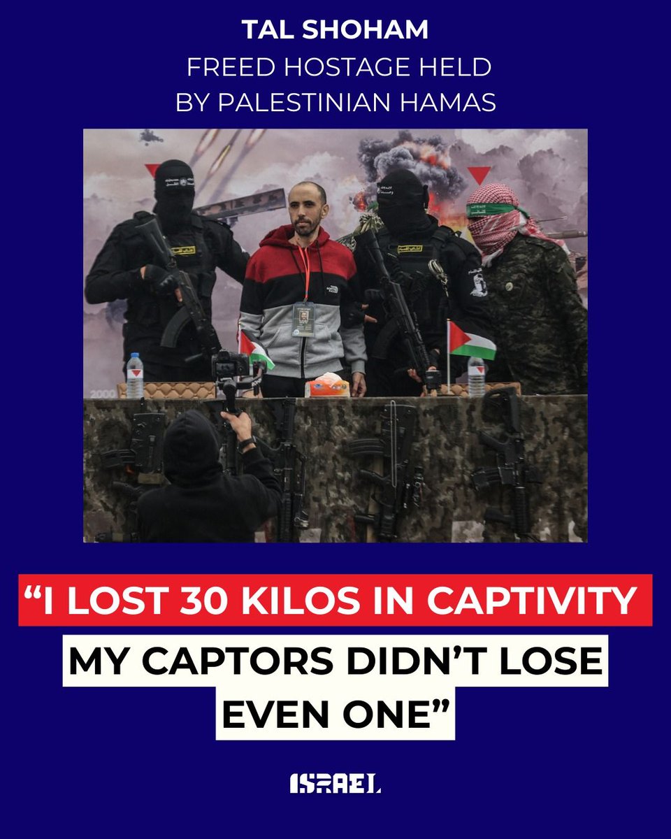 Palestinian Hamas is starving the hostages while feasting like kings.

Freed hostage Tal Shoham:
“We could see that they were well fed, that they lacked for nothing. They also bragged about having stolen it, that they had months of supplies in that tunnel and all their tunnels.”