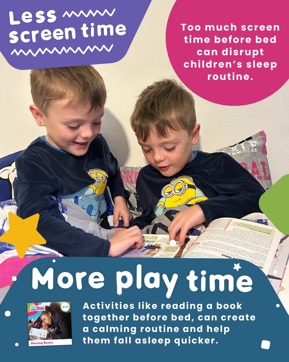 50TTDBradford's tweet image. Too much time on screens can affect children’s bed time routines. 💤
Swapping out screens before bed time, for activities like reading together can help children fall asleep quicker and create a calming bed time routine. 📘
#LessScreenTimeMorePlayTime #ScreenFreeTime #Play