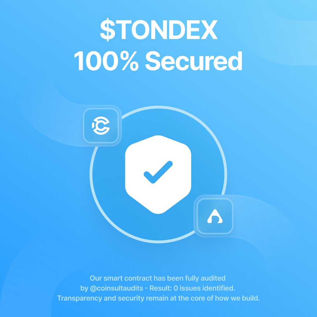🌐 For New Users: $TONDEX Audit Completed!

Our smart contract has been fully audited by @coinsultaudits - Result: 0 issues identified ✅ 

Transparency and security remain at the core of how we build.

🔗 Full report: coinsult.net/projects/tondex