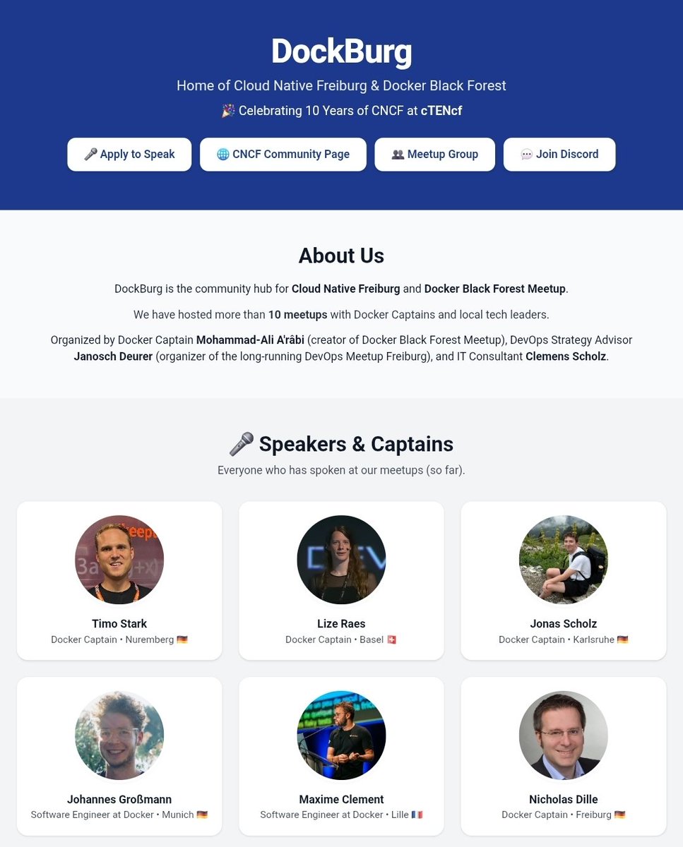 🌐 Our community website is live! 🎉

In 3 years we’ve built together:
📊 13 meetups (12 IRL, 1 online)
🎤 12 speakers &amp; <a href="/Docker/">Docker</a> Captains
🏢 Hosted by 5 companies in Freiburg
🚀 First CNCF chapter meetup (2 months ago)

👉 Explore: dockburg.com