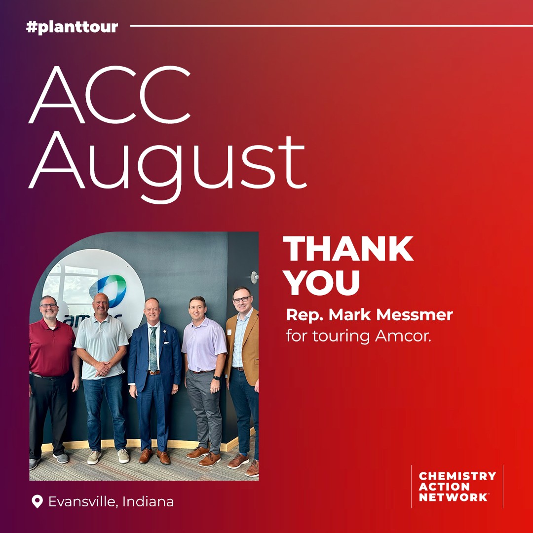 As #ACCAugust continues on, we enjoyed the opportunity to meet with <a href="/RepMessmer/">Congressman Mark Messmer</a> at <a href="/amcorpackaging/">Amcor</a> in Evansville, IN to discuss the importance of circularity and the innovative, sustainable packaging solutions Amcor is producing in the Hoosier State!