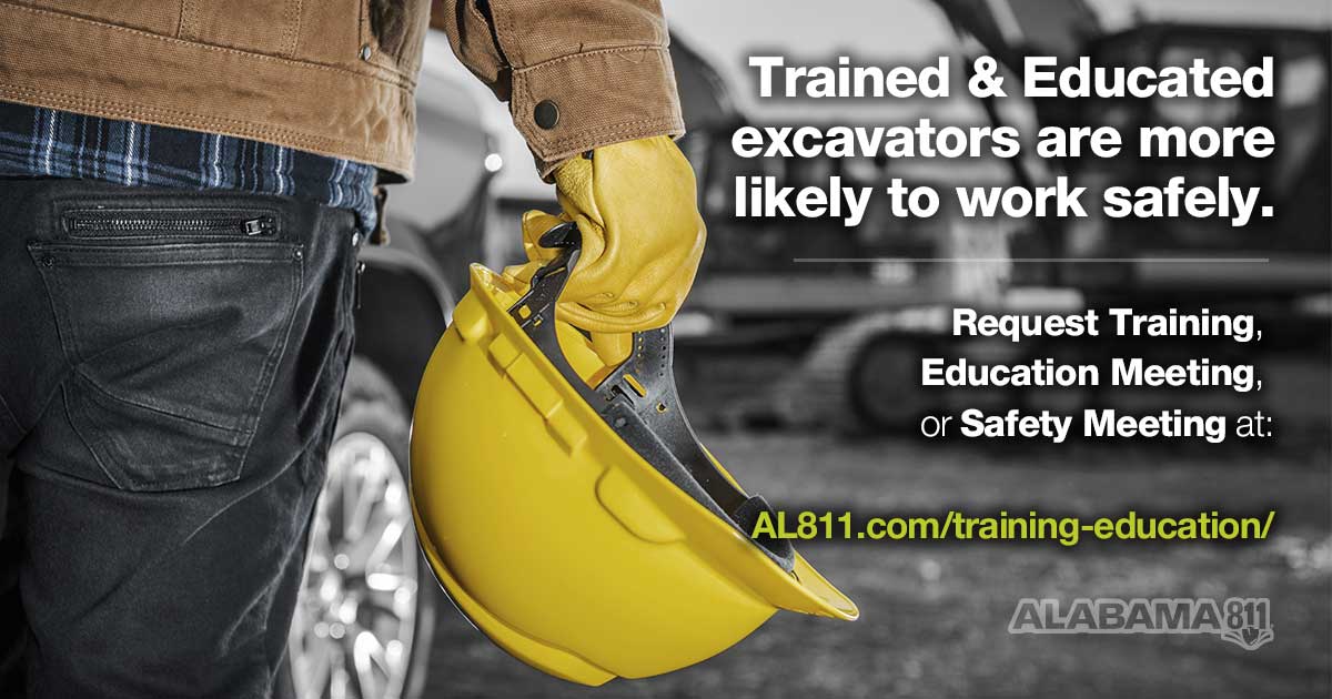 Alabama 811 promotes public safety and the prevention of damages to utility infrastructure through education, cooperation, and communication efforts among all stakeholders.

If you would like to schedule an education meeting, safety meeting, etc., visit:
al811.com/training-educa…