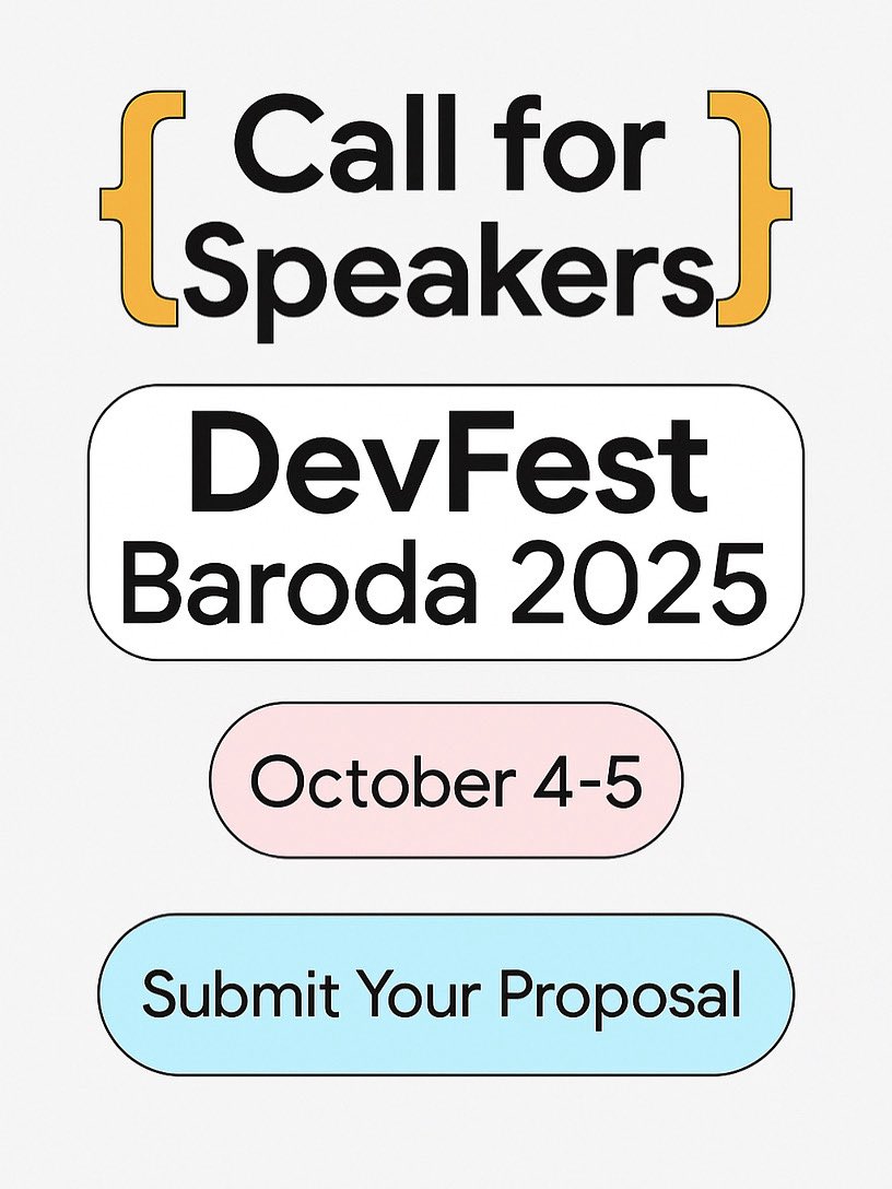 CALL FOR SPEAKERS IS OPEN! Are you a tech expert with insights to share? 🚀 DevFest Baroda 2025 invites you to be a part of our incredible speaker lineup! We're looking for talks on AI, Cloud, Web, Android, and more.
Submit your proposal: sessionize.com/gdg-devfest-ba… #DevfestBaroda
