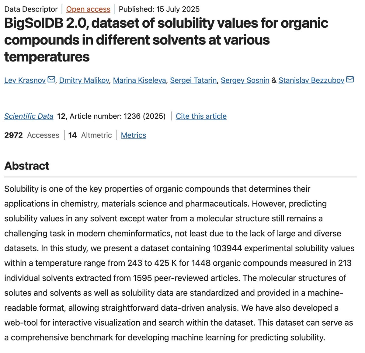 ravishar313's tweet photo. If you're looking for an interesting problem with real world applications to work on I recommend trying out Solubility prediction. It is a notoriously hard problem and BigSolDB 2.0 was just released. 

Have a crack at it. https://t.co/EXwlupPrfD