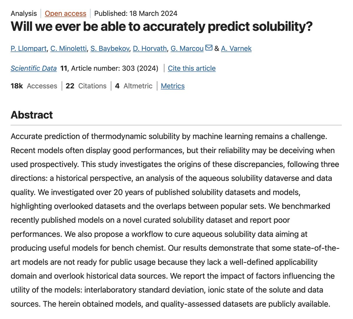 ravishar313's tweet photo. If you're looking for an interesting problem with real world applications to work on I recommend trying out Solubility prediction. It is a notoriously hard problem and BigSolDB 2.0 was just released. 

Have a crack at it. https://t.co/EXwlupPrfD