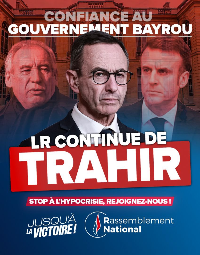 Rassemblement National (@rnational_off) on Twitter photo 🔴 Plus attachés à leurs privilèges qu’aux intérêts des Français, Bruno Retailleau et LR sombrent définitivement dans le macronisme et son impuissance.
Électeurs de droite, refusez cet énième renoncement : rejoignez-nous aux côtés de <a href="/MLP_officiel/">Marine Le Pen</a>, <a href="/J_Bardella/">Jordan Bardella</a> et <a href="/eciotti/">Eric Ciotti</a> pour 🔴 Plus attachés à leurs privilèges qu’aux intérêts des Français, Bruno Retailleau et LR sombrent définitivement dans le macronisme et son impuissance.
Électeurs de droite, refusez cet énième renoncement : rejoignez-nous aux côtés de <a href="/MLP_officiel/">Marine Le Pen</a>, <a href="/J_Bardella/">Jordan Bardella</a> et <a href="/eciotti/">Eric Ciotti</a> pour