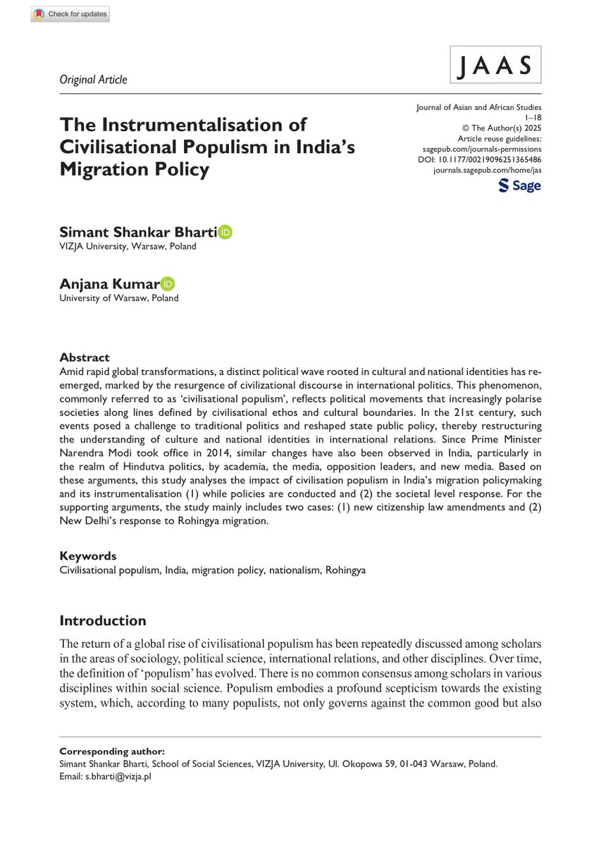 simant_uw's tweet image. With the rise of the populist global order, right-wing nationalist governments across the world are driving significant policy shifts. Our co-authored article examines India’s Migration Policy through the lens of civilizational populism.
doi.org/10.1177/002190…
#India #migration