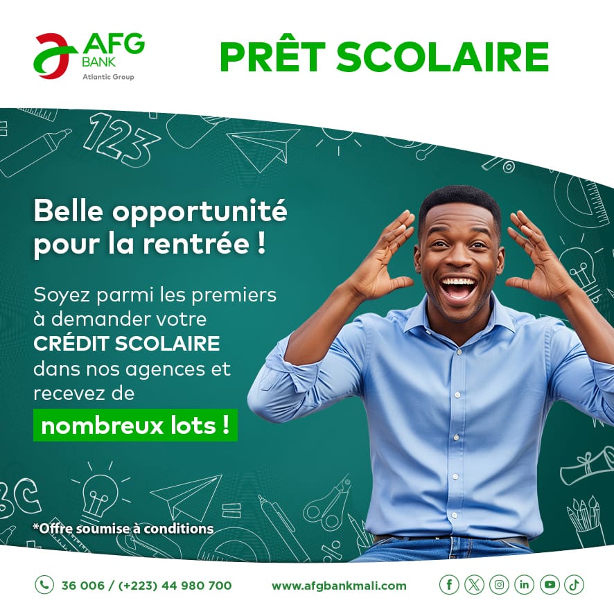 afgbankmali's tweet image. Belle opportunité pour la rentrée !
Avec le Crédit Scolaire AFG Bank, préparez la rentrée de vos enfants sans vous ruiner… et profitez de nombreux lots pour récompenser votre confiance.

#AFGBankMali #PrêtScolaire