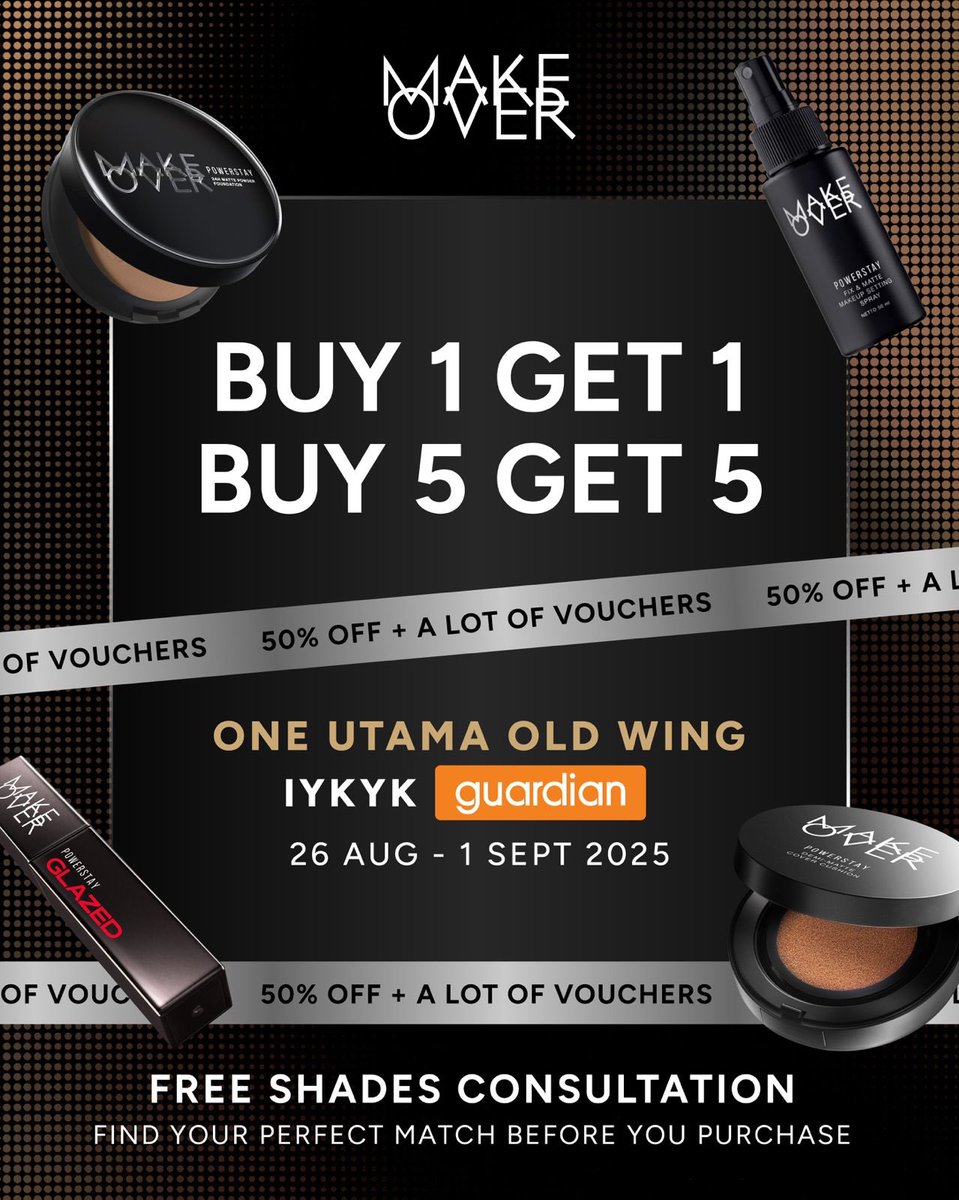 heavensdew_co's tweet photo. If you miss this buy 1 free 1 sale from Make Over… you’ll regret it. Dah lah until 1 Sept je 👀

Your perfect cushion shade? Get FREE consult.
Your fave products? 50% OFF.
The store? Waiting for you, bestie. Dekat Guardian One Utama okk 🥹🫶🏻
#makeovermy #makeoverbeyondbeauty https://t.co/3Rz054vtBK