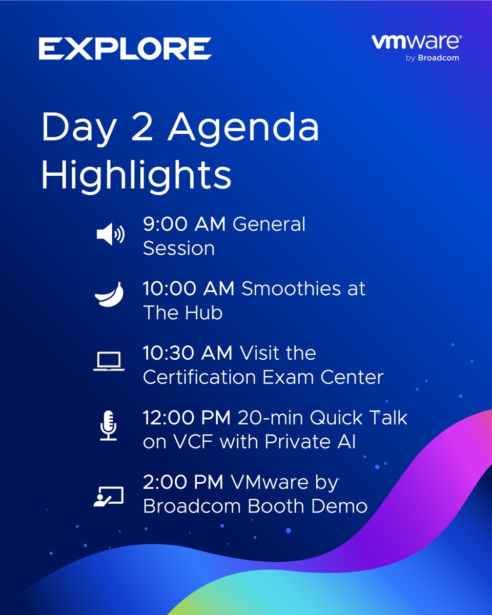 VMwareExplore's tweet image. Day 2 of #VMwareExplore starts strong with the general session! 📢
From there, it’s a full day of learning, networking, and exploring—from insights on private AI to hands-on demos (with a few tasty breaks along the way 🍌). Let's keep the momentum going!