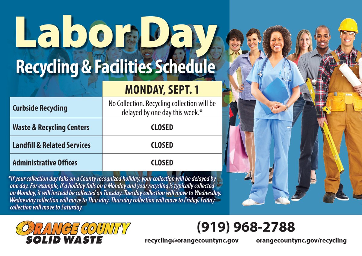Please note recycling collection changes and facility closures for the upcoming Labor Day holiday ♻️
 
Don’t forget you can sign up for collection reminders in our FREE smartphone app “Orange County NC Recycles”
 
 #recycleright #haveyourecycledrighttoday