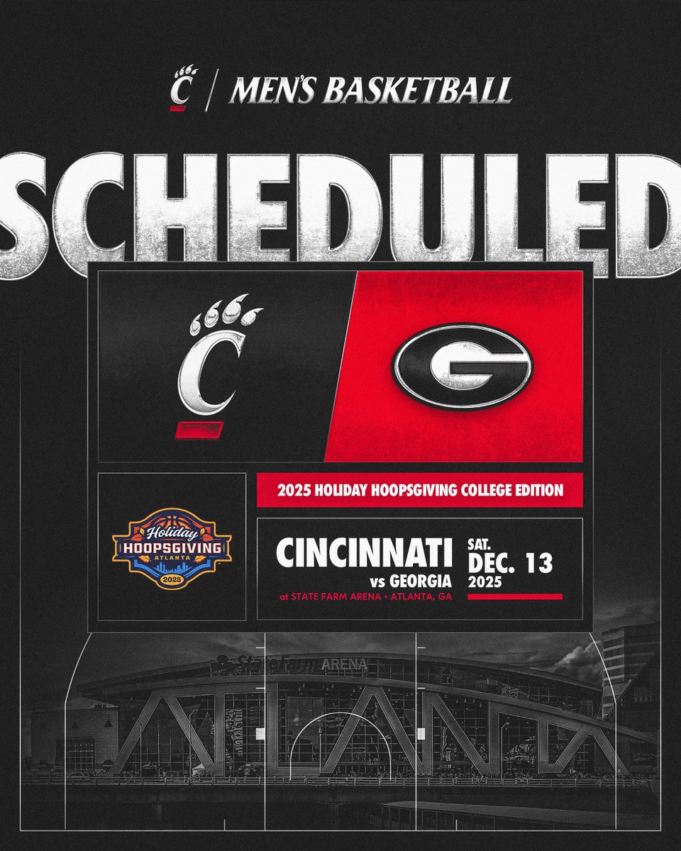 Cincinnati Men’s Hoops (@gobearcatsmbb) on Twitter photo UC-UGA in ATL 🌃
We're hitting State Farm Arena to face the Bulldogs in the 2025 <a href="/HHoopsgiving/">Holiday Hoopsgiving</a>. Ticket pre-sale begins next month. UC-UGA in ATL 🌃
We're hitting State Farm Arena to face the Bulldogs in the 2025 <a href="/HHoopsgiving/">Holiday Hoopsgiving</a>. Ticket pre-sale begins next month.