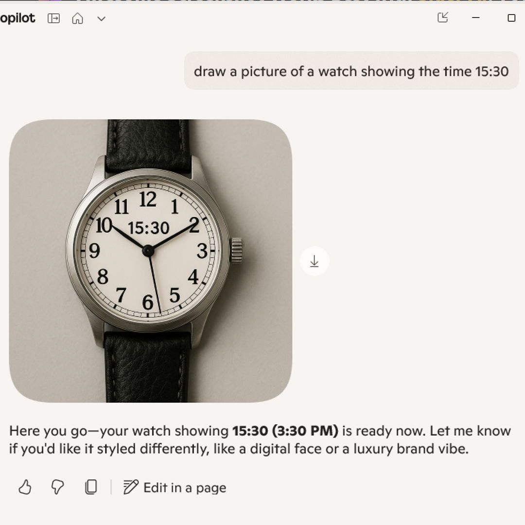 Ughhh.. I was really hoping ChatGPT would fix some of these "quirks". Of course, drawing a watch/clock with any time other then 10:10 is still very difficult for Generative AI.

For those that haven't been following this - almost all images of watches and clocks on the internet
