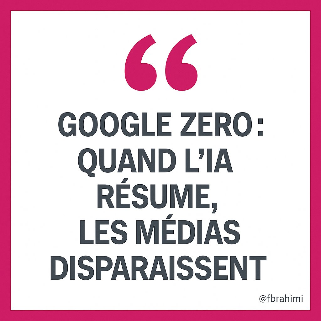 #GoogleZero : quand l’IA résume, les médias disparaissent.
Ou la mort du clic.

Avec l’IA Mode et les AI Overviews, Google aspire le trafic sans rediriger vers les sites.
➡️ 50% des éditeurs ont déjà constaté une chute du trafic issu de Google.
➡️ 80% des utilisateurs font des