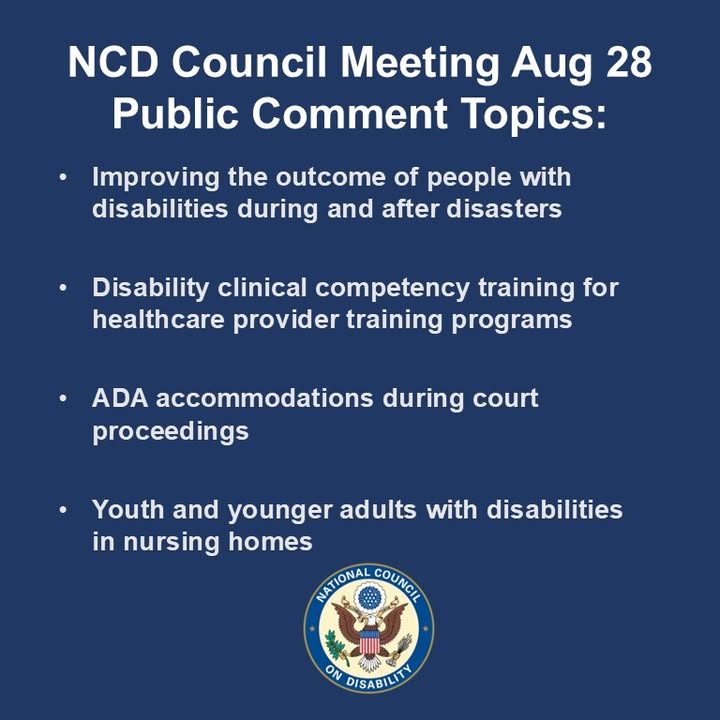 NCD invites you to submit your public comment in-person Thursday at our meeting in DC. Register to present or submit via email to publiccomment@ncd.gov for our Aug. 28 Council meeting. More info at ncd.gov/public-comment/