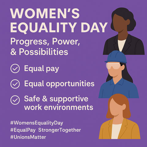 Women’s Equality Day
Today, we celebrate women's achievements in work and leadership while recognizing ongoing challenges. We support equal pay and safe workplaces. Unions play a key role in securing maternity leave and pay equity. Let's keep pushing forward!  
#WomensEqualityDay