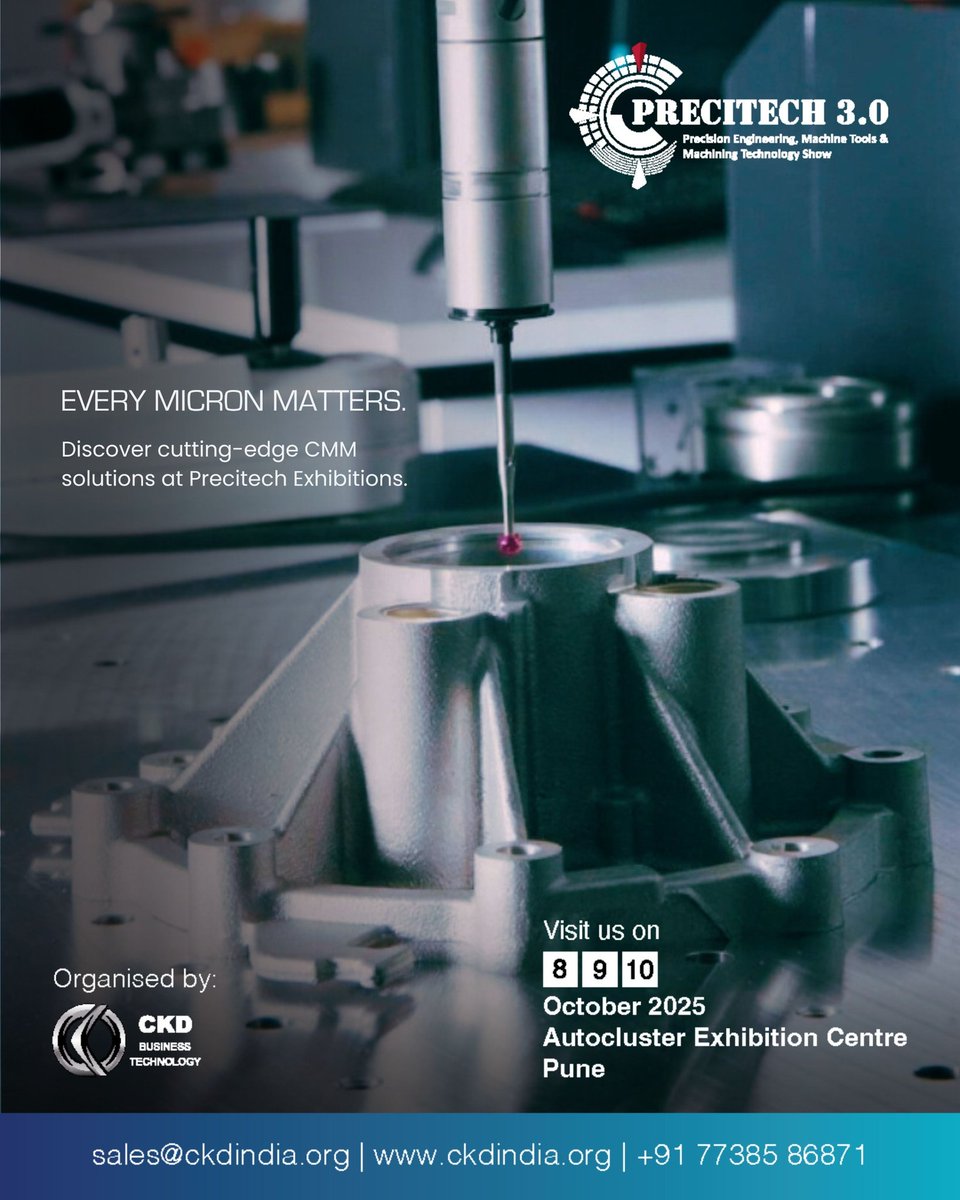 Every Micron Matters.
From CMM to advanced inspection systems, Metrology drives precision, accuracy &amp; reliability in modern manufacturing.
Discover next-gen tech at #Precitech2025 – 8-10 Oct, Autocluster Pune.
#EveryMicronMatters #PrecisionEngineering #CMM