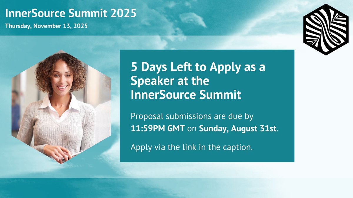 ⏱ Only 5 days left to apply as a speaker at #InnerSourceSummit2025! Whether you’re a first-time presenter or a seasoned pro, your experience with InnerSource can inspire a global community.
🗓 CFP closes: August 31, 11:59 PM GMT
👉 Apply now: lnkd.in/eMWegqWn