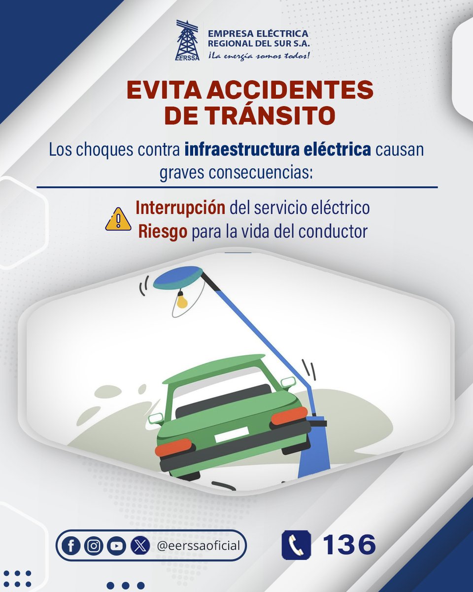 🚗Un segundo de distracción puede desconectar a toda una comunidad.

Cada vez que un vehículo impacta la infraestructura eléctrica, no solo se pone en riesgo la vida del conductor, sino también el servicio de cientos de familias.

Conduce con precaución. Respeta los límites.✅