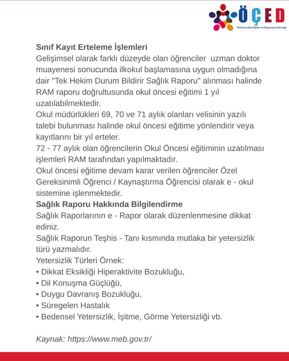 Bu konuda yaşadığınız sıkıntılar varsa bize yazmanızı ve çözüm yollarını birlikte aramayı istiyoruz.

#ÖÇED #OkulaDönüş #kaynaştırmaeğitimi #SınıfKayıtErteleme #OkulaBaşlamaYaşı
