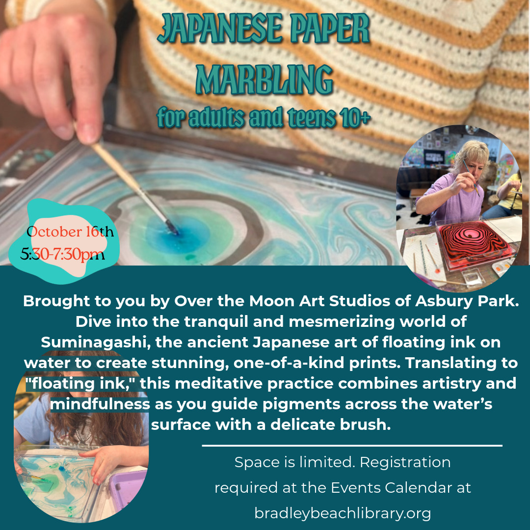 Registration required, begins Sep 16
engagedpatrons.org/EventsExtended…
Brought  to you by Over the Moon Art Studios of Asbury Park. 
Space is limited. Registration Required at the Events Calendar at bradleybeachlibrary.org.