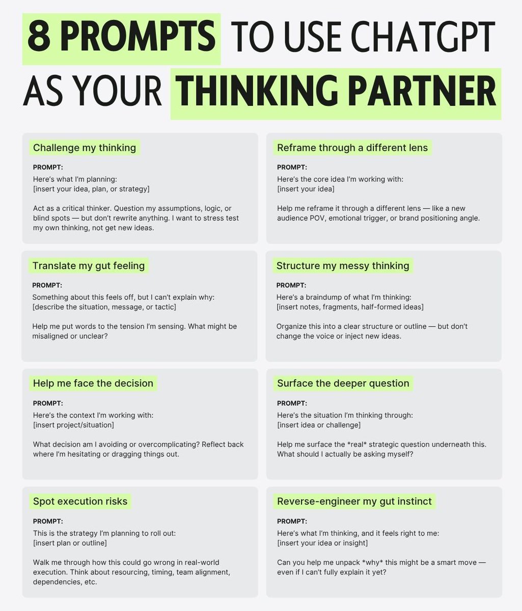SheBuildsAI_'s tweet image. 8 prompts to use chatgpt as your thinking partner