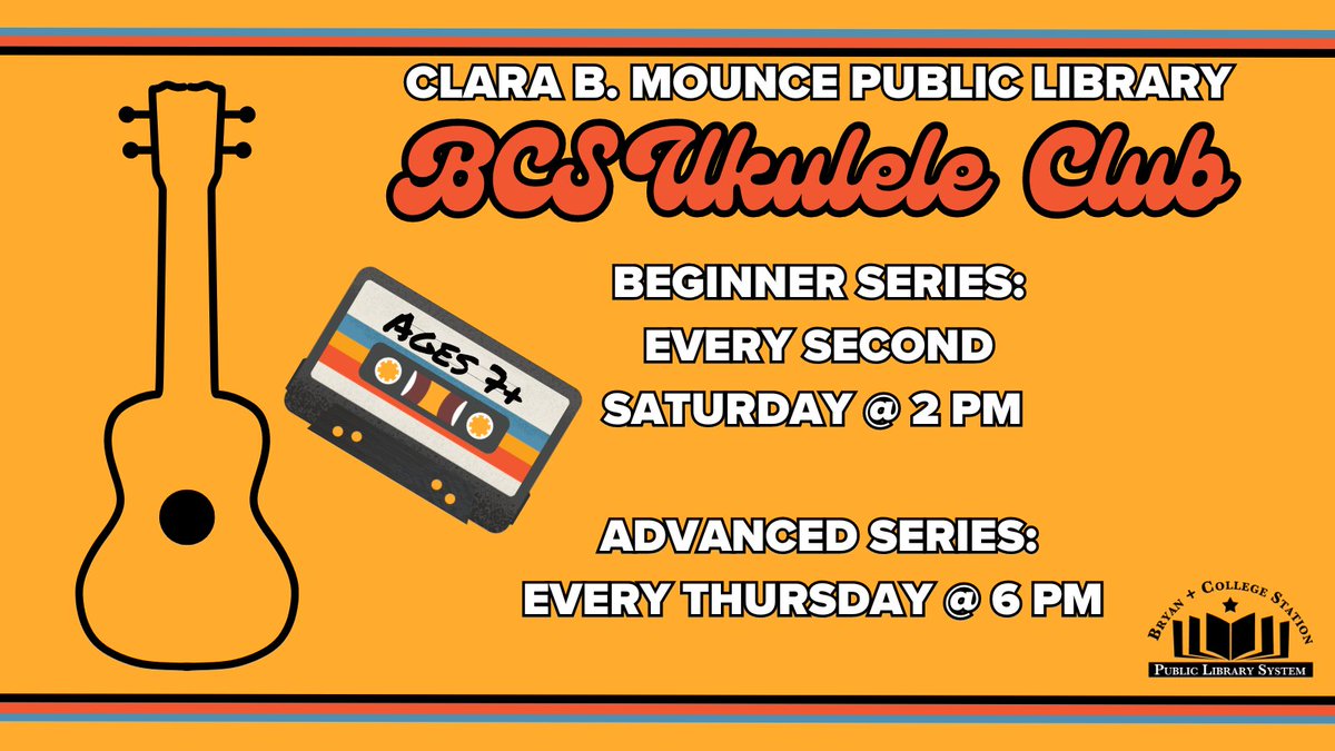 Tune in Thursday, August 28th @ 6PM for Ukulele Club at the Mounce! Bring your own ukulele, or borrow one from the library! Registration not required. #bcstx #ukulele