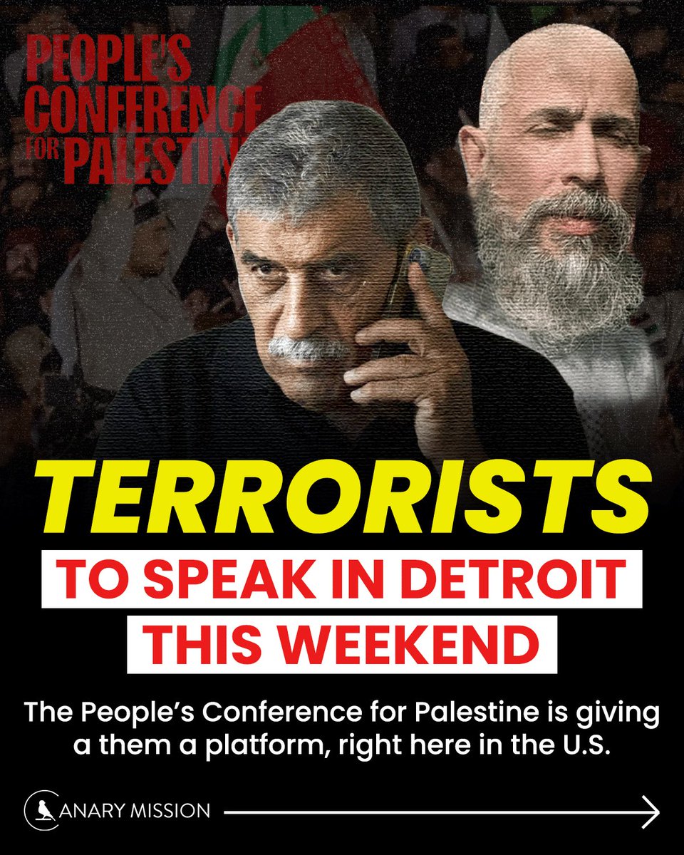 🚨 KNOWN TERRORISTS TO SPEAK IN DETROIT THIS WEEKEND 🚨

The People’s Conference for Palestine is giving convicted terrorists a platform right here in the U.S.

Terrorists have no place in America. The People’s Conference for Palestine and its sponsors must be stopped.