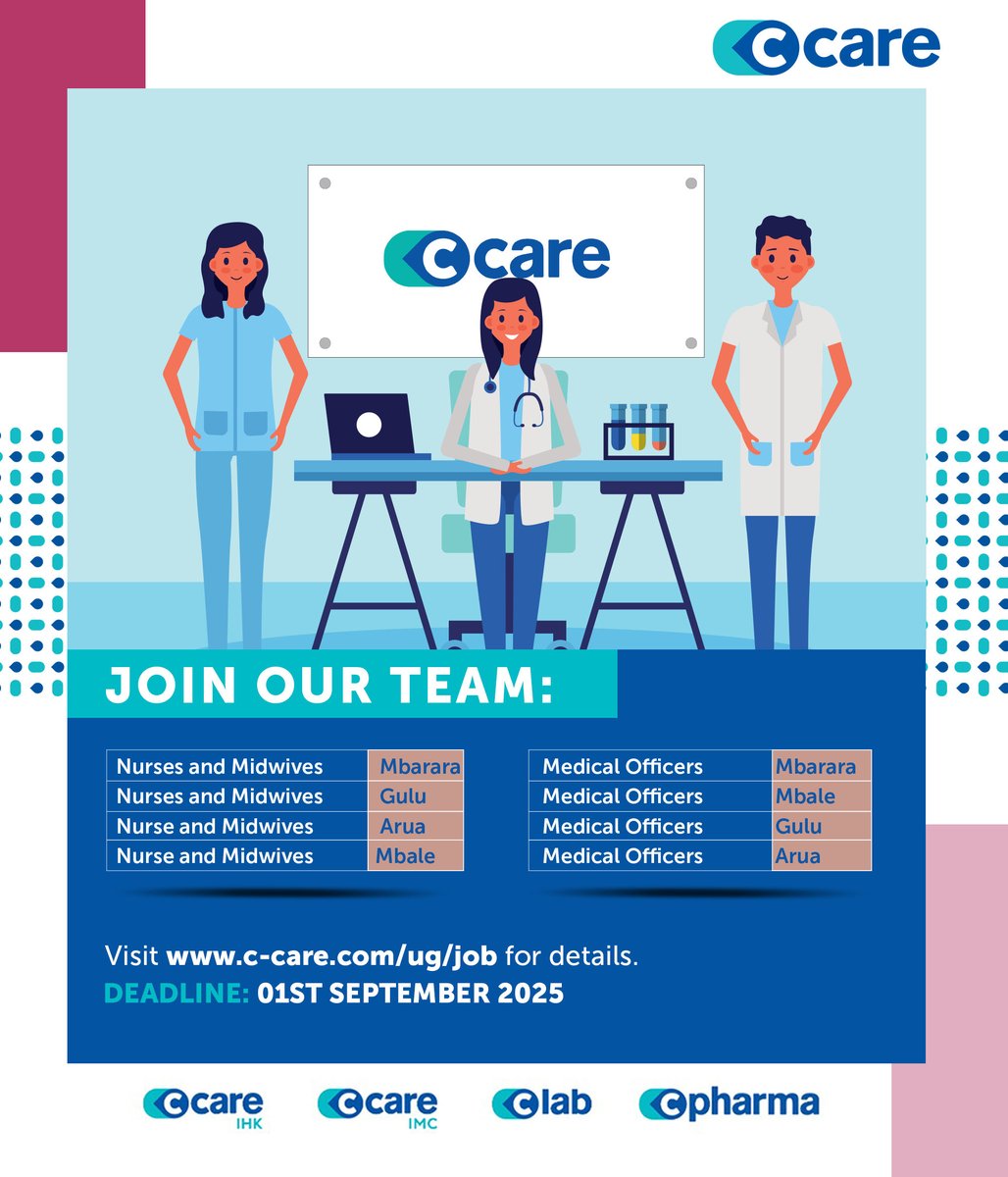 C_Care_Uganda's tweet image. We are hiring for the following positions!          

Apply now at c-care.com/ug/job/ by 1st September, 2025.          

#CCareUganda #Hiring